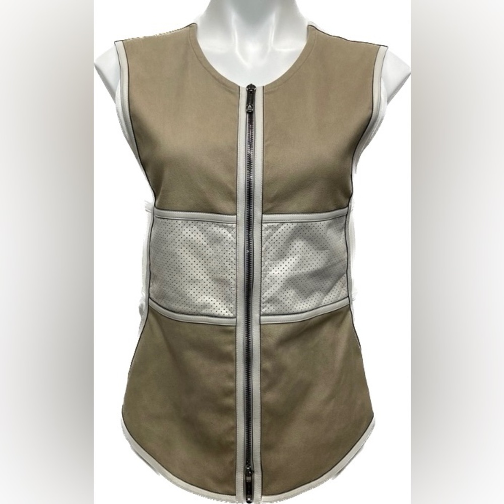 CALLENS DESIGNER ITALIAN LEATHER NEUTRAL URBAN MOTO COLORBLOCK ZIPPER VEST